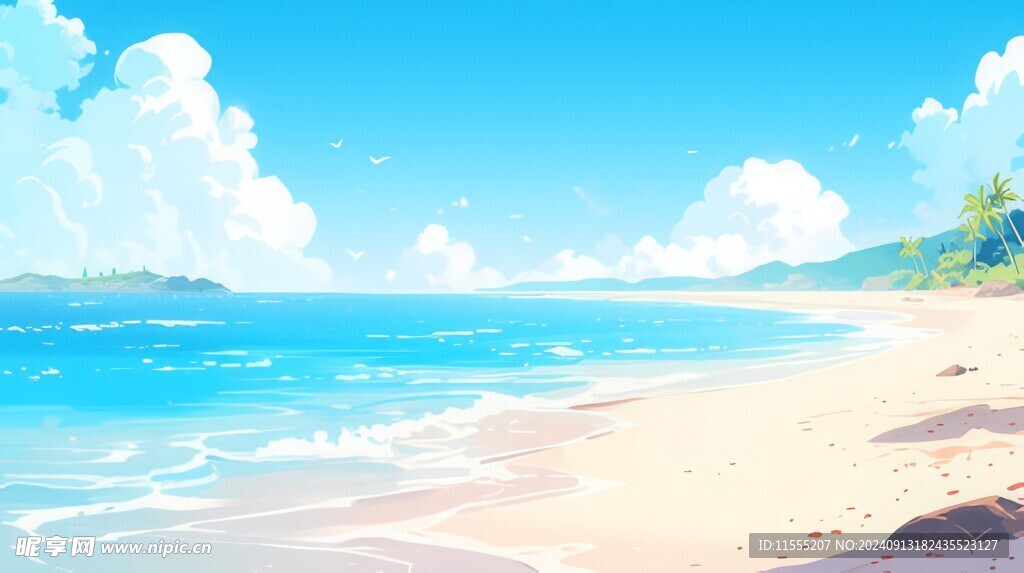 海滩景色云椰子树大海沙滩