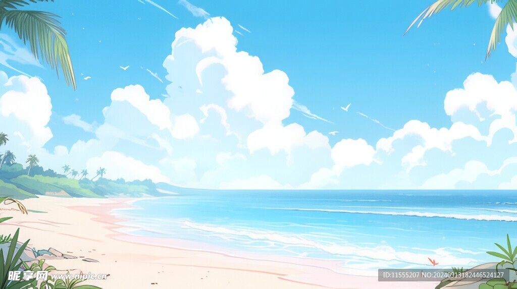 海滩景色云椰子树大海沙滩