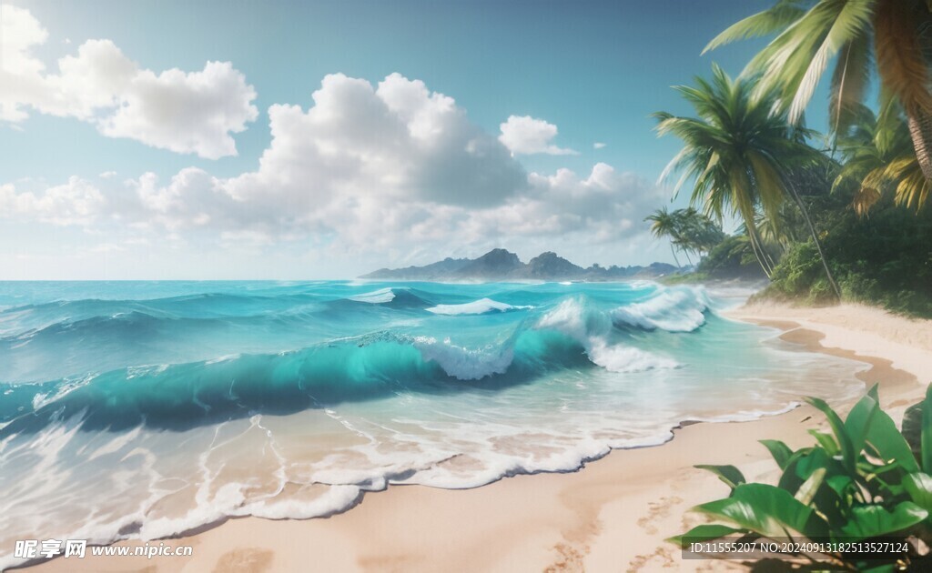 海滩景色云椰子树大海沙滩