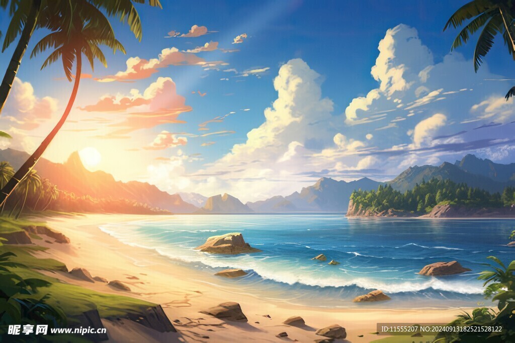 海滩景色云椰子树大海沙滩