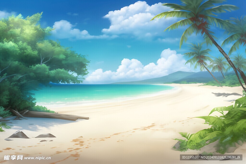 海滩景色云椰子树大海沙滩