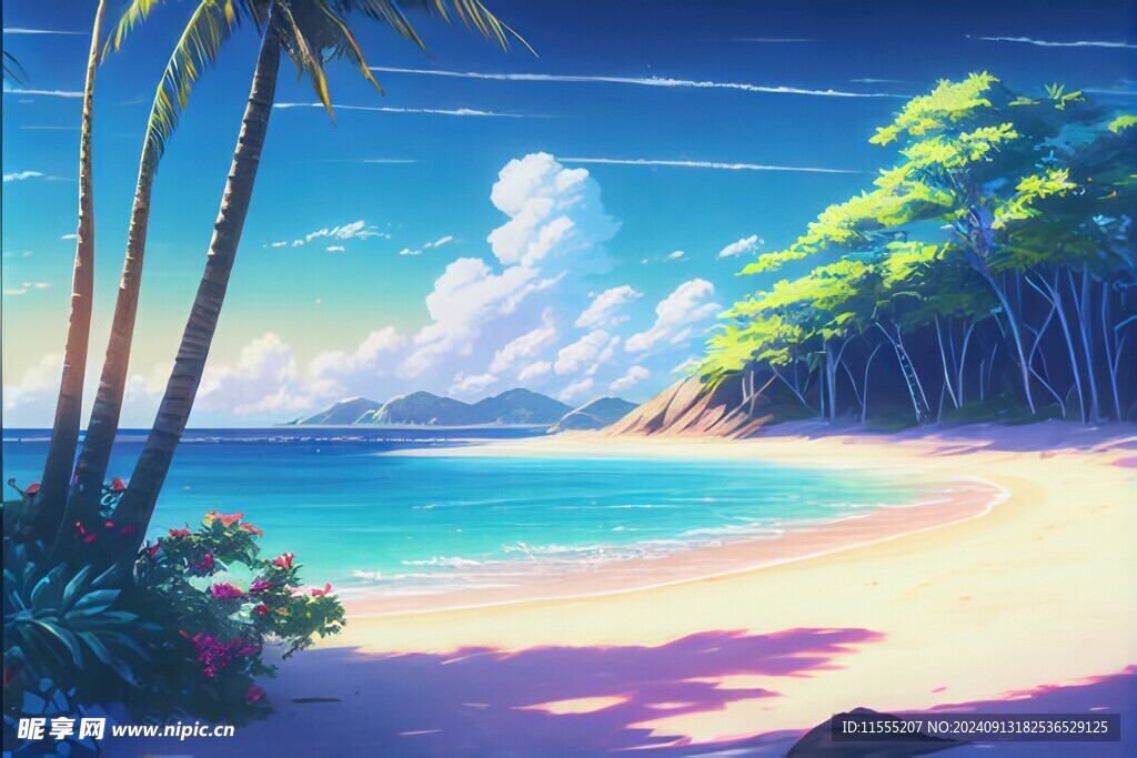 海滩景色云椰子树大海沙滩
