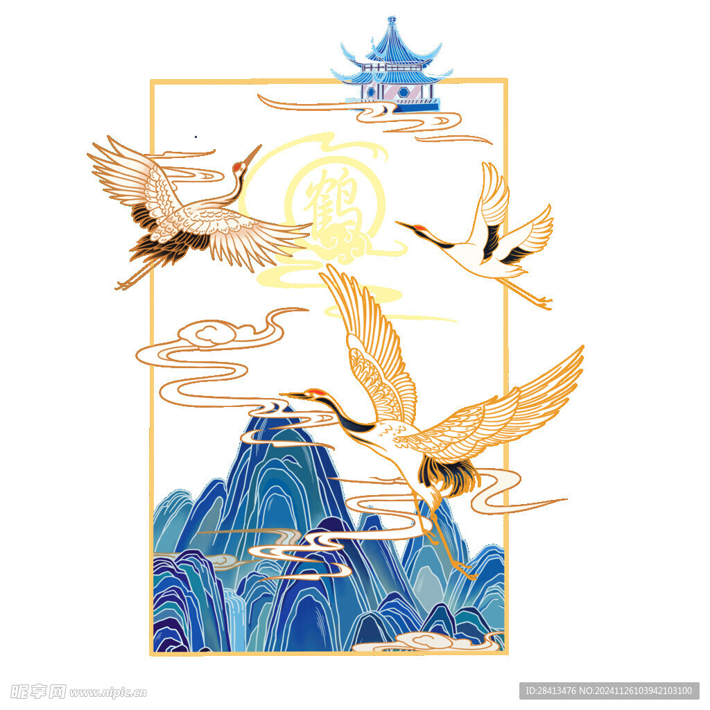 卡通仙鹤山印花图案设计