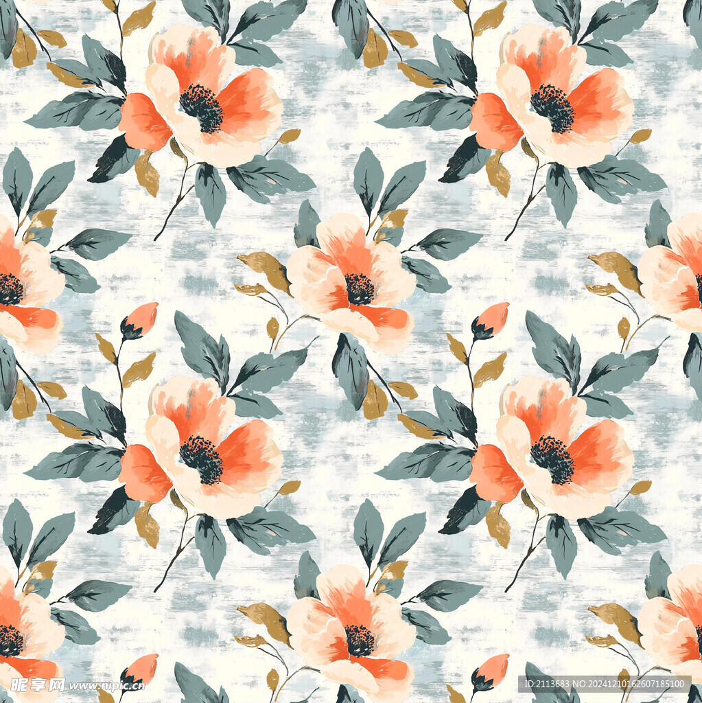 水彩斑驳花卉四方连续