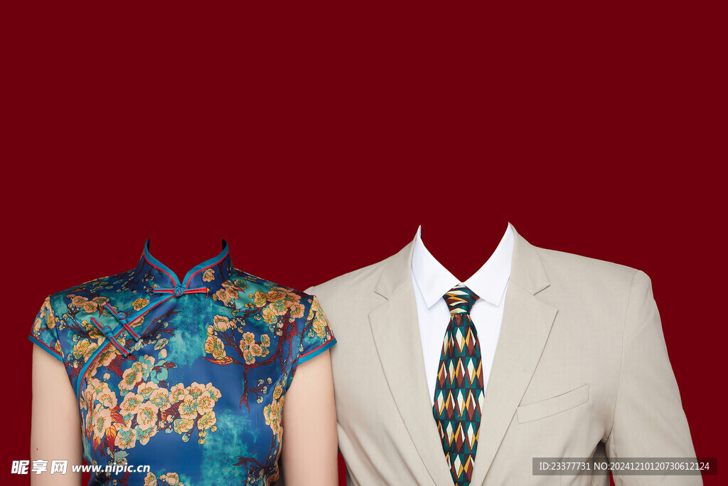 蓝色旗袍传统结婚证件照