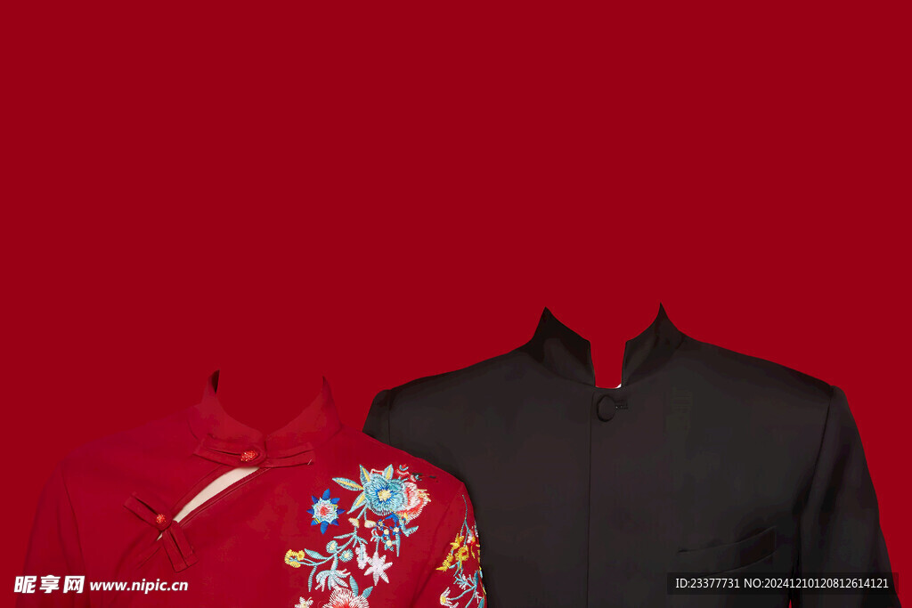 红色绣花传统结婚证件照