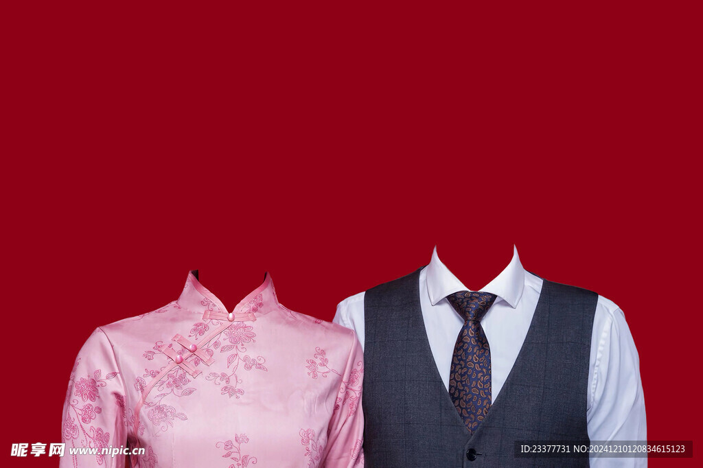 粉色旗袍西装结婚证件照