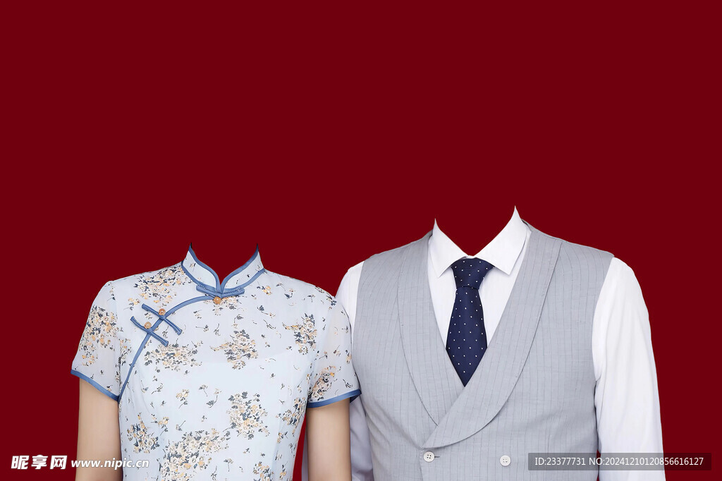 青色旗袍结婚证件照