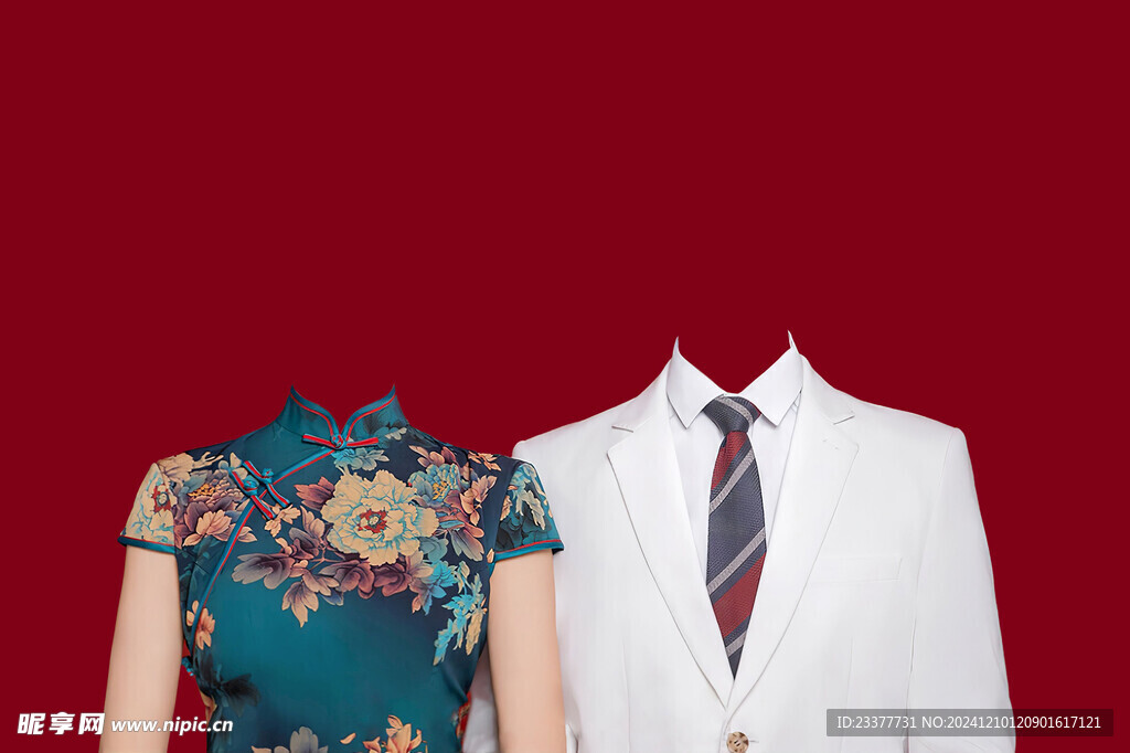 旗袍白西装结婚证件照