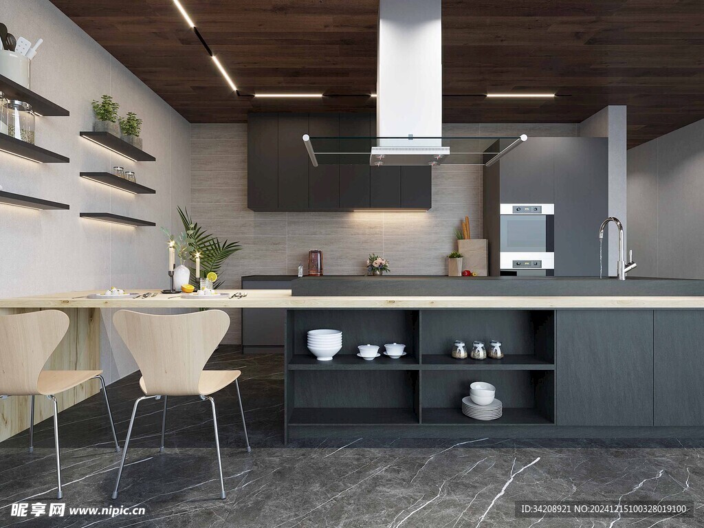 餐厅厨房餐边柜岛台现代简约装修