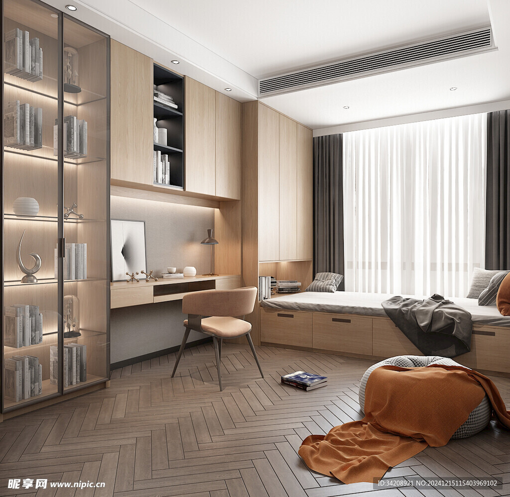 卧室小空间榻榻米书桌床现代装修