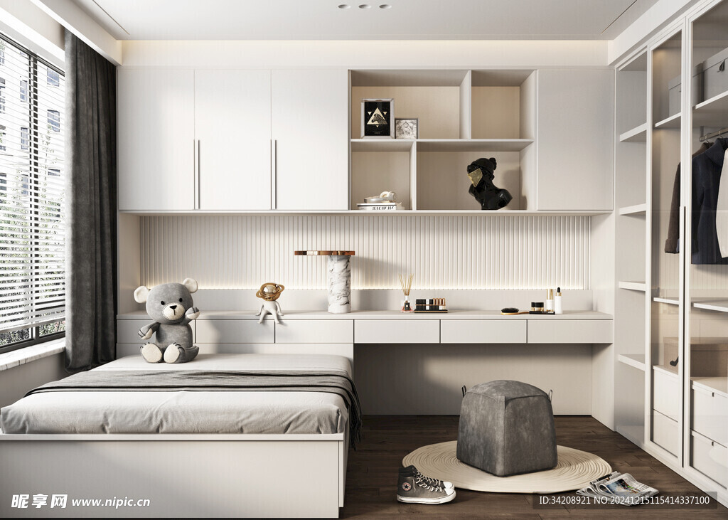 卧室小空间榻榻米书桌床现代装修