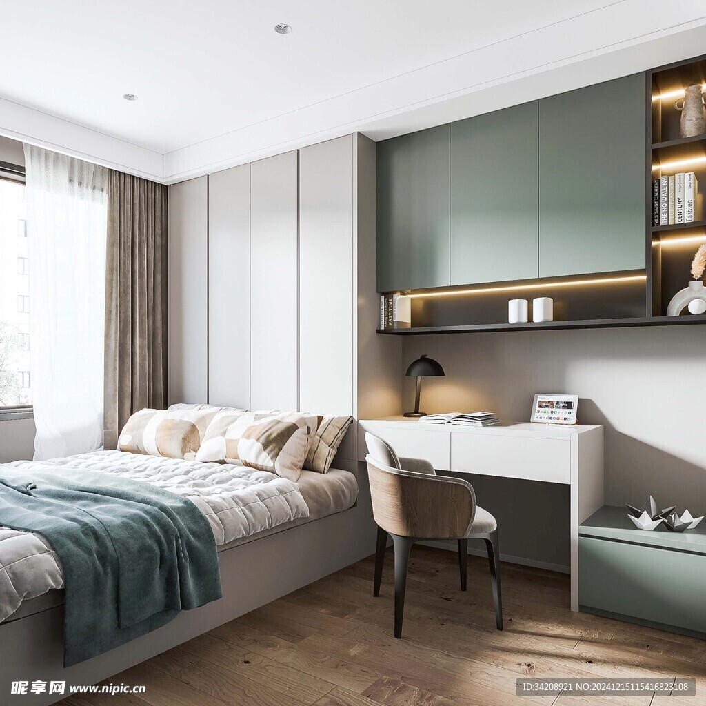 卧室小空间榻榻米书桌床现代装修