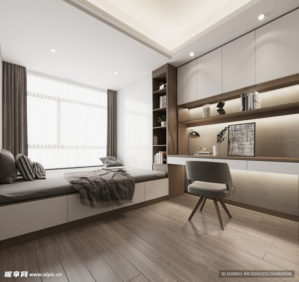 卧室小空间榻榻米书桌床现代装修