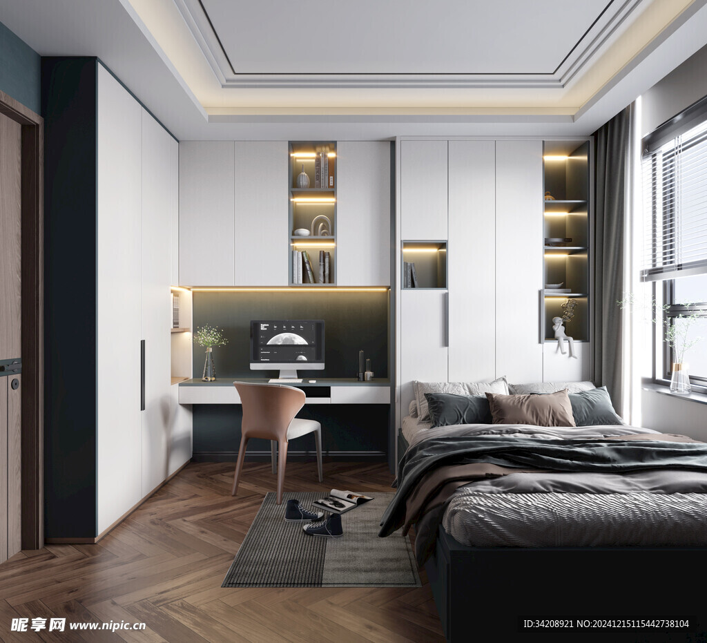 卧室小空间榻榻米书桌床现代装修