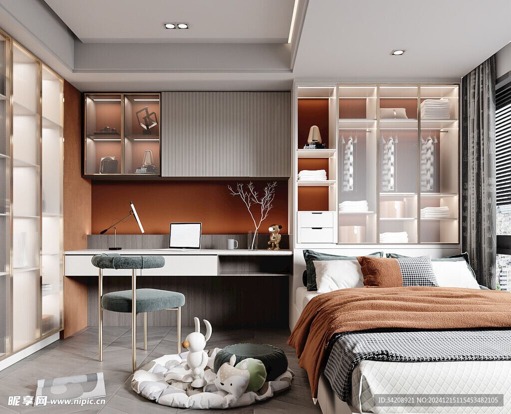 卧室小空间榻榻米书桌床现代装修