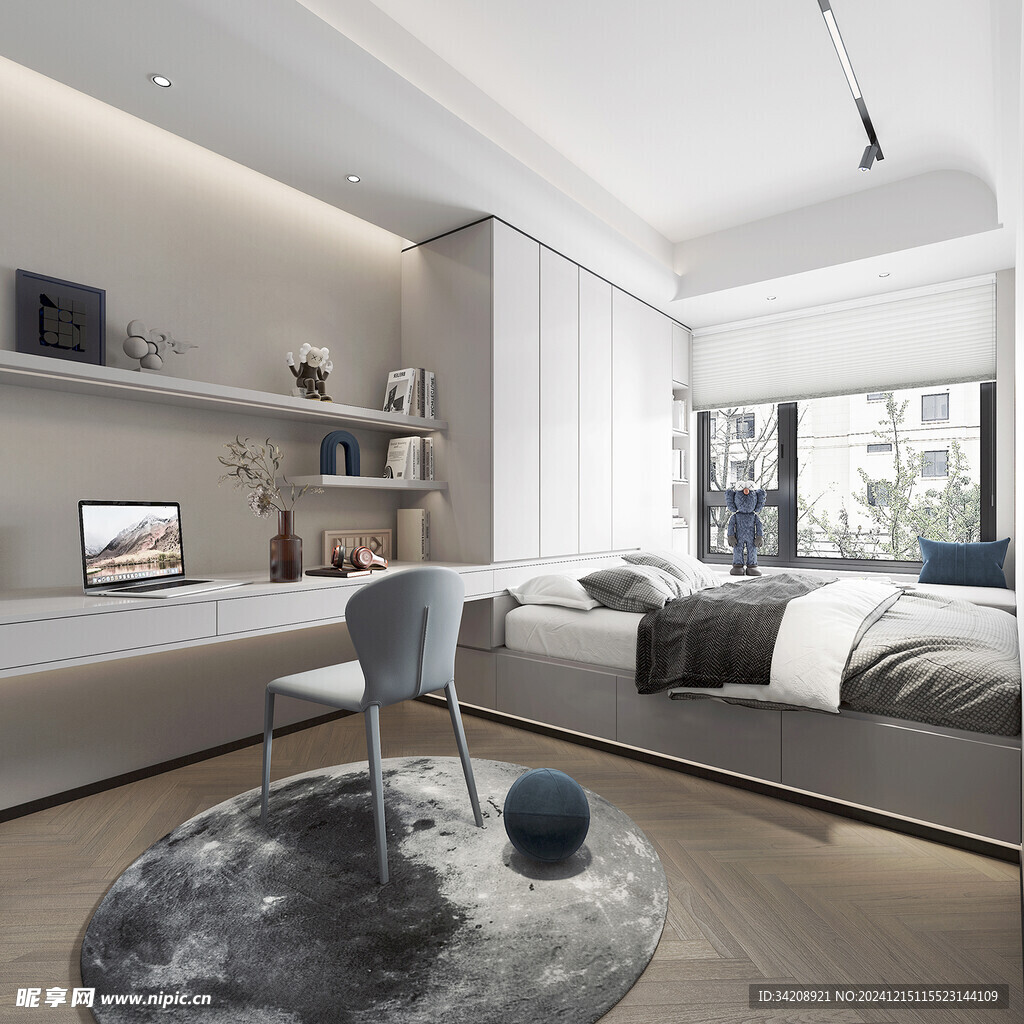 卧室小空间榻榻米书桌床现代装修