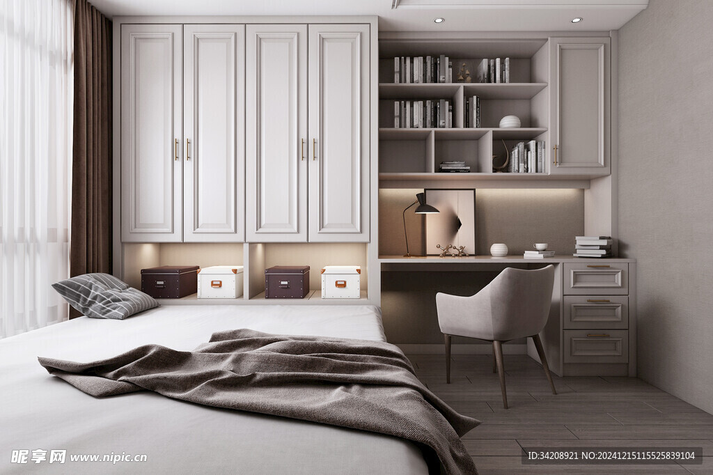 卧室小空间榻榻米书桌床现代装修