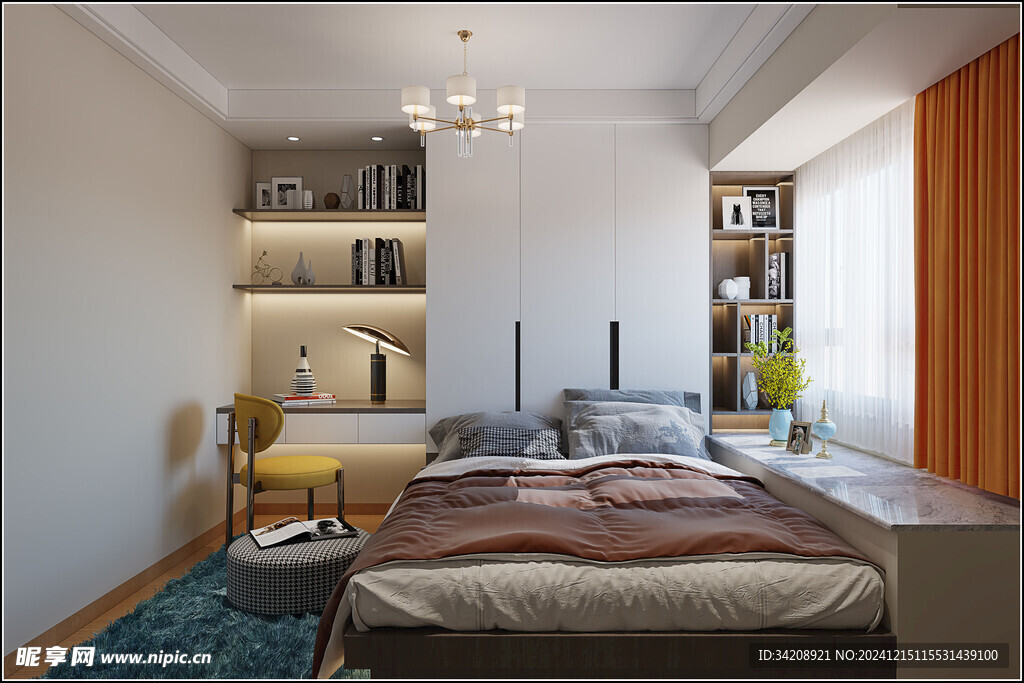 卧室小空间榻榻米书桌床现代装修