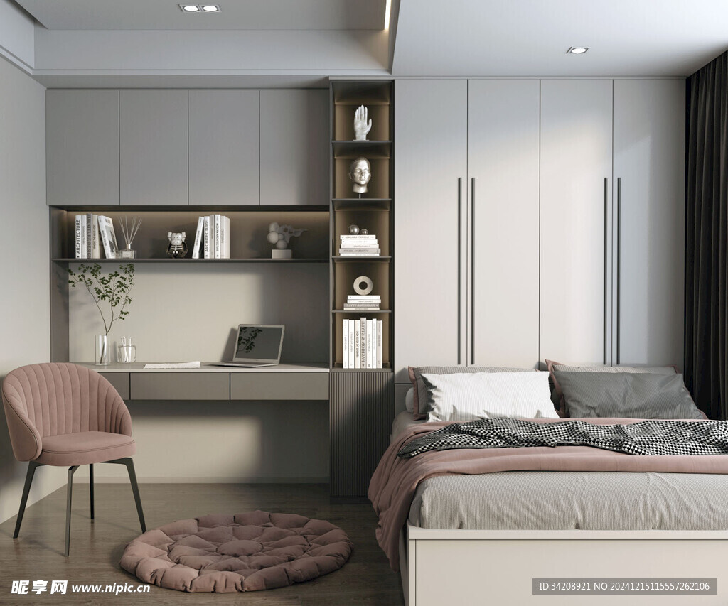 卧室小空间榻榻米书桌床现代装修