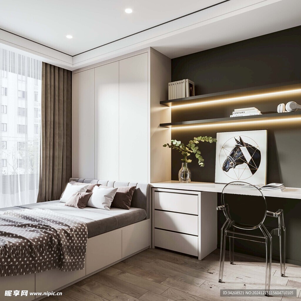 卧室小空间榻榻米书桌床现代装修