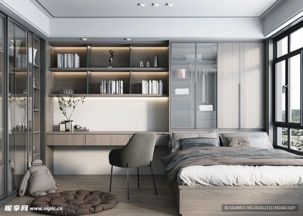 卧室小空间榻榻米书桌床现代装修