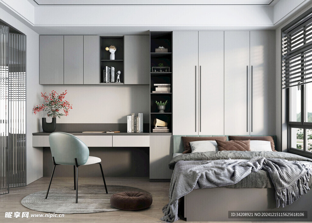 卧室小空间榻榻米书桌床现代装修