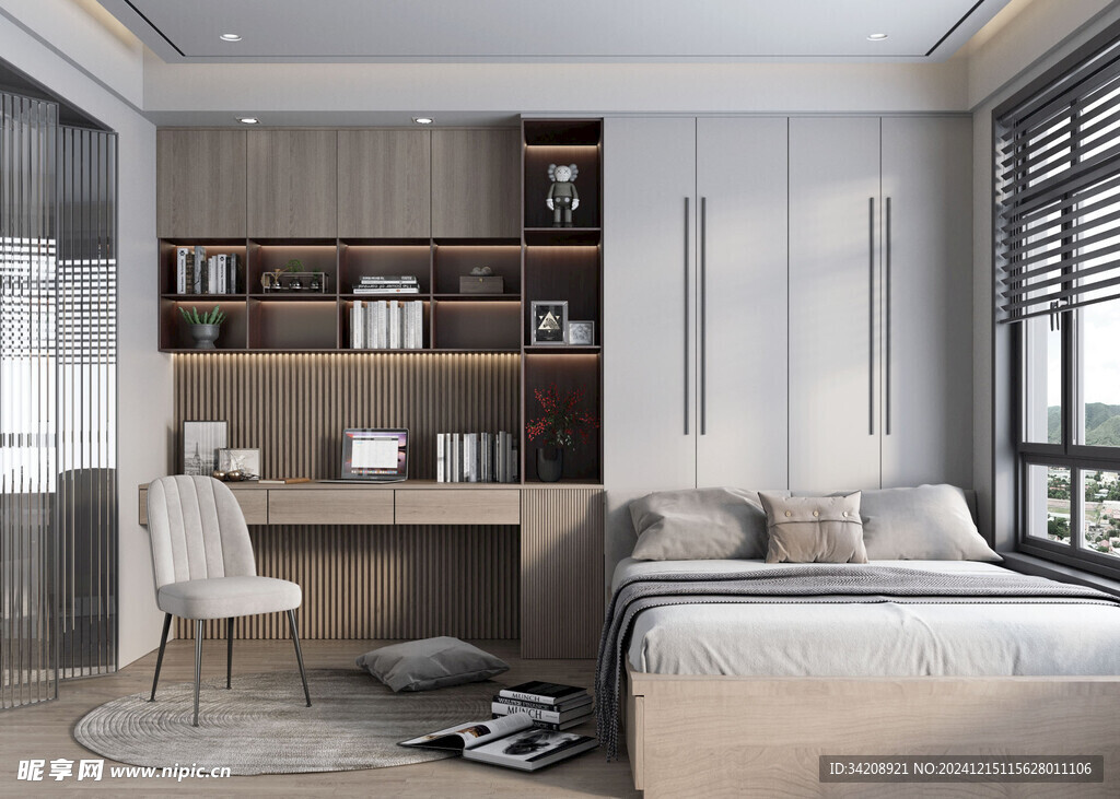 卧室小空间榻榻米书桌床现代装修