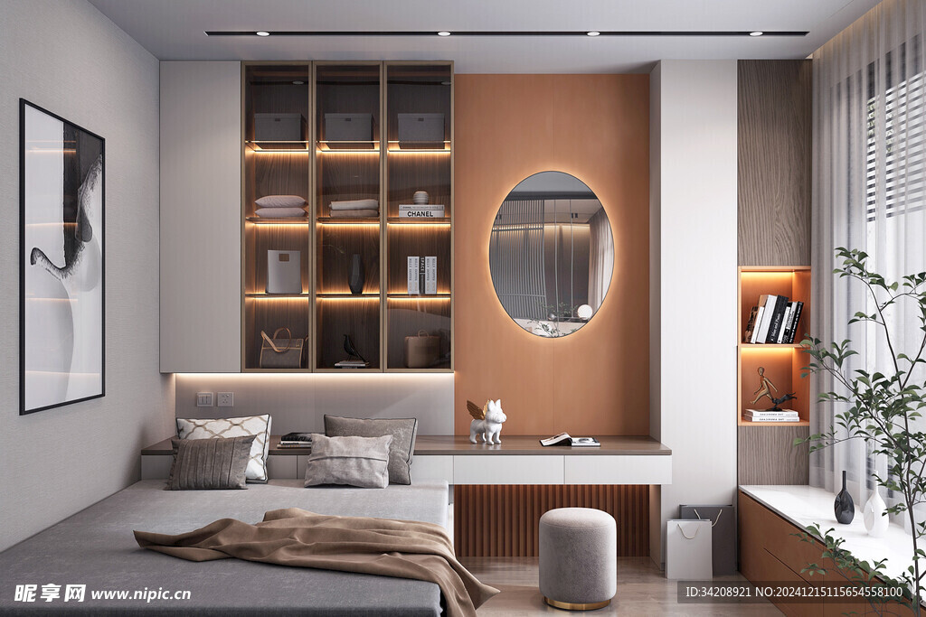 卧室小空间榻榻米书桌床现代装修