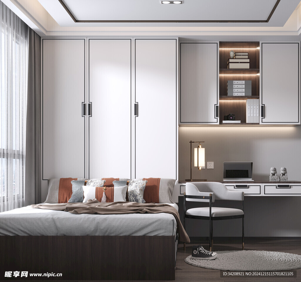 卧室小空间榻榻米书桌床现代装修