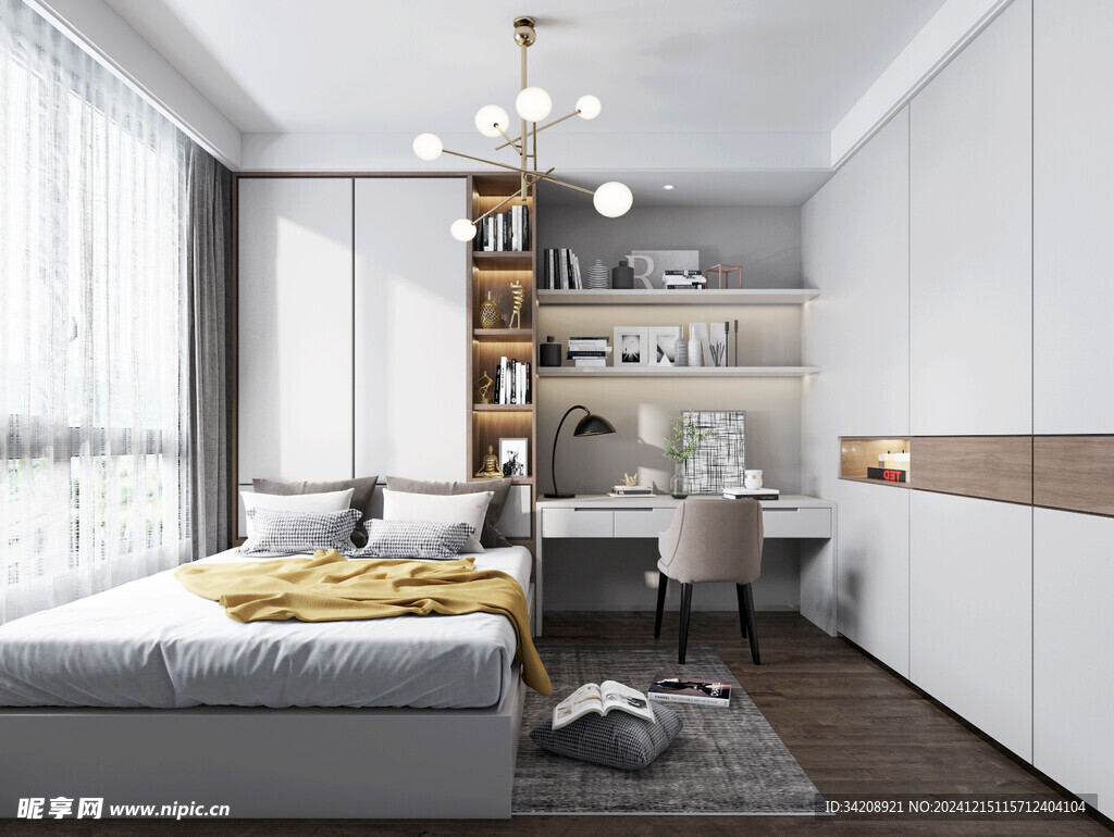 卧室小空间榻榻米书桌床现代装修