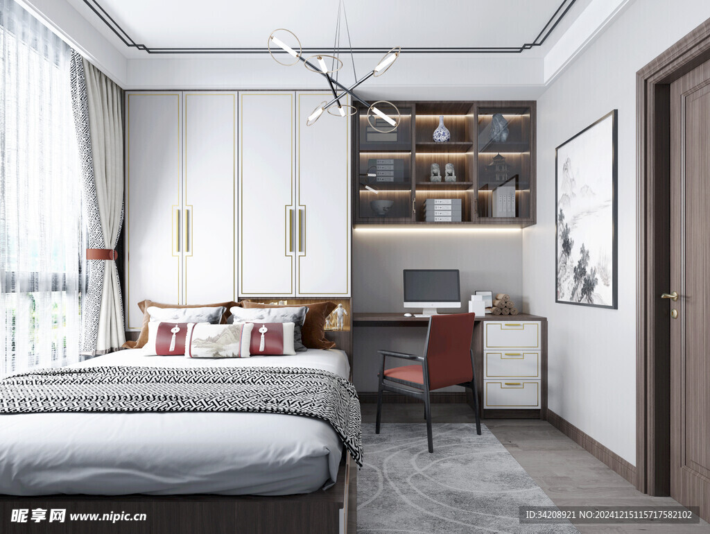 卧室小空间榻榻米书桌床现代装修