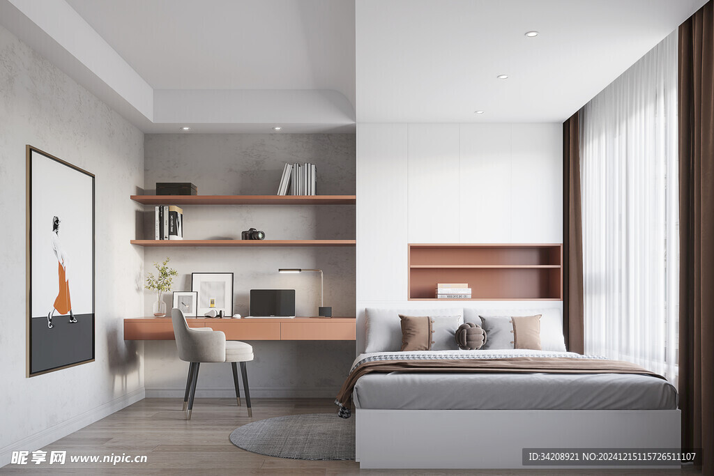 卧室小空间榻榻米书桌床现代装修