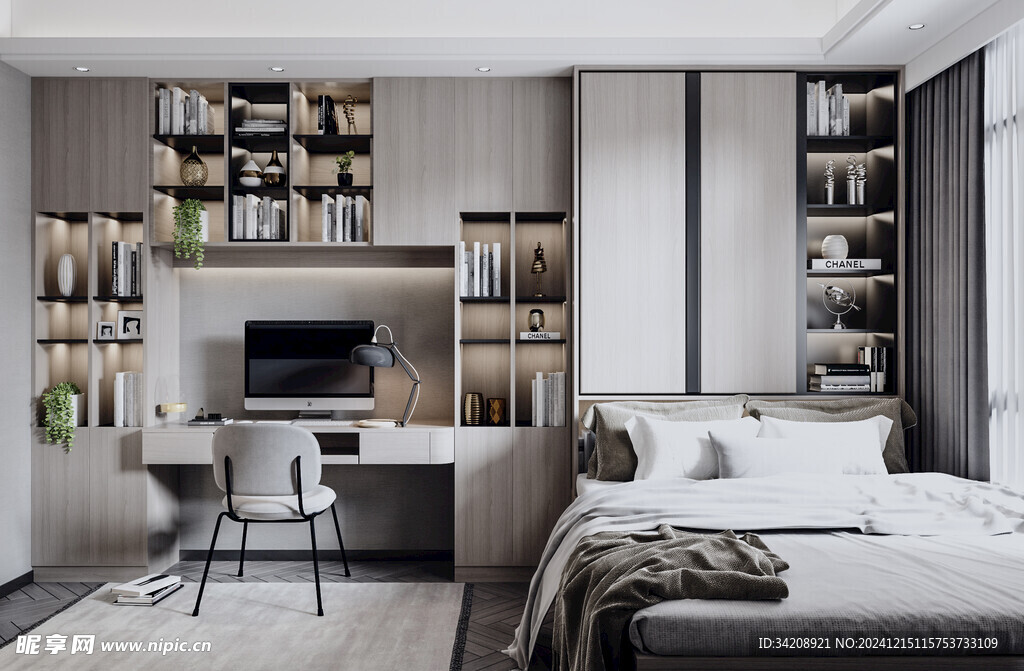 卧室小空间榻榻米书桌床现代装修