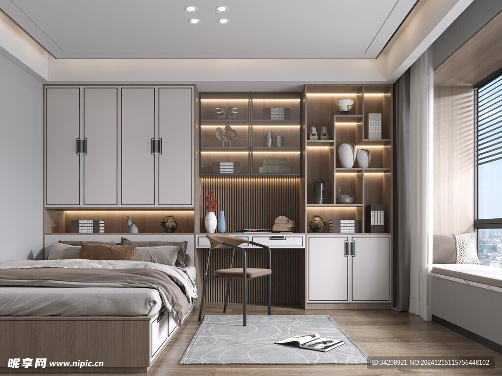 卧室小空间榻榻米书桌床现代装修