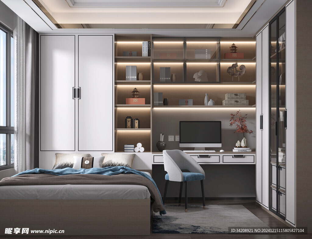 卧室小空间榻榻米书桌床现代装修