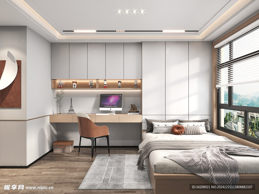 卧室小空间榻榻米书桌床现代装修