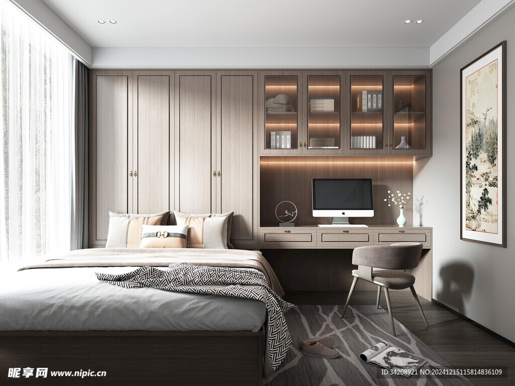 卧室小空间榻榻米书桌床现代装修