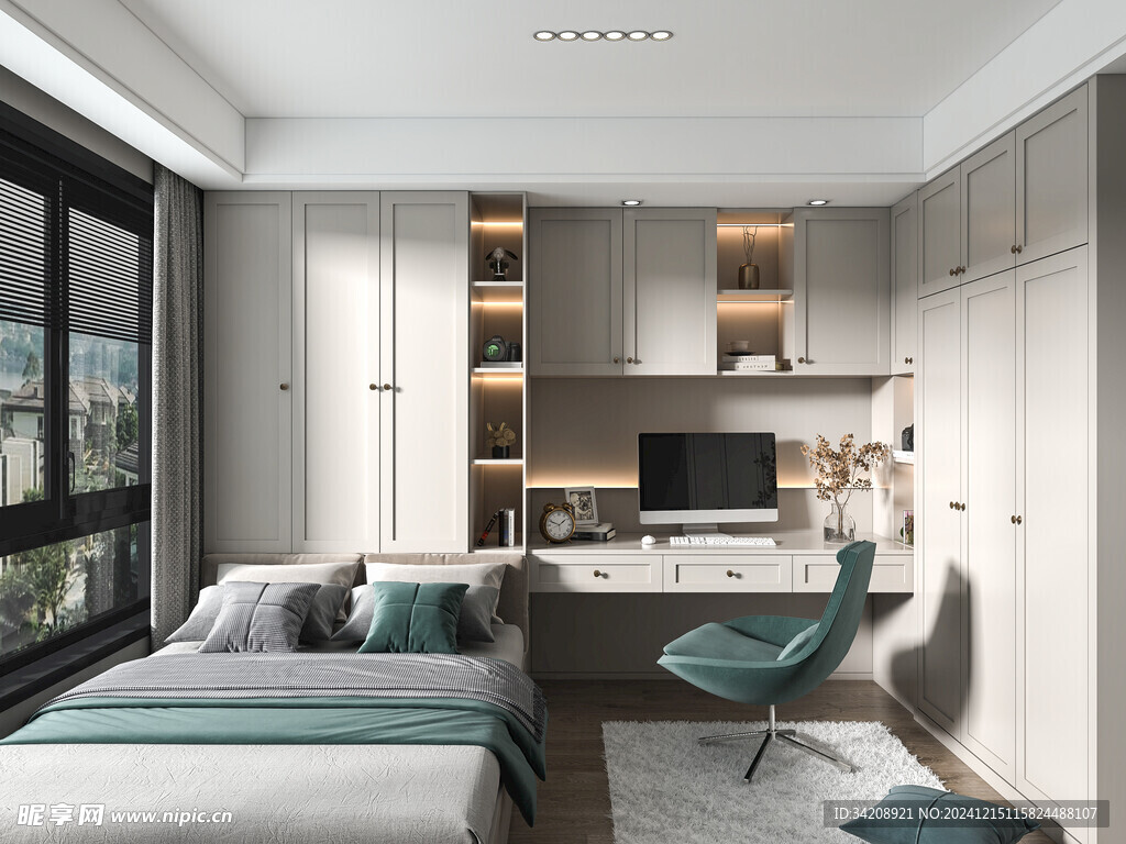 卧室小空间榻榻米书桌床现代装修