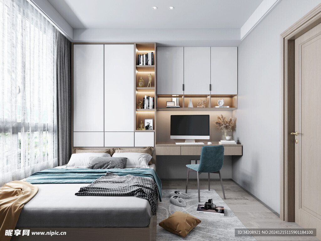 卧室小空间榻榻米书桌床现代装修