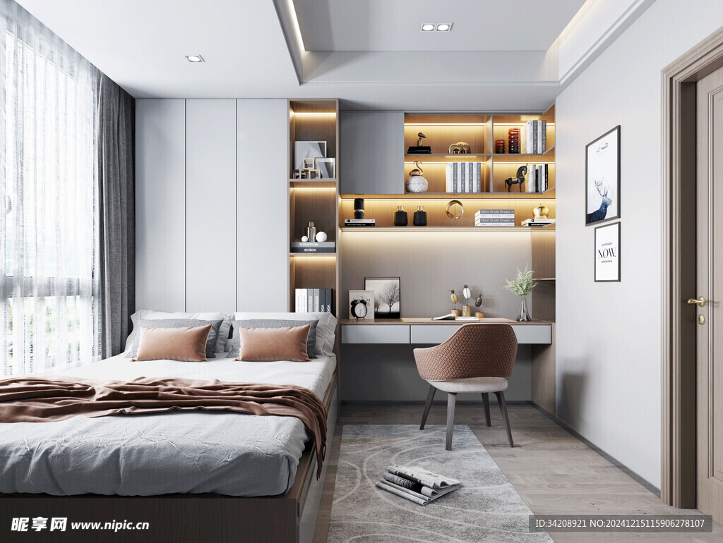 卧室小空间榻榻米书桌床现代装修