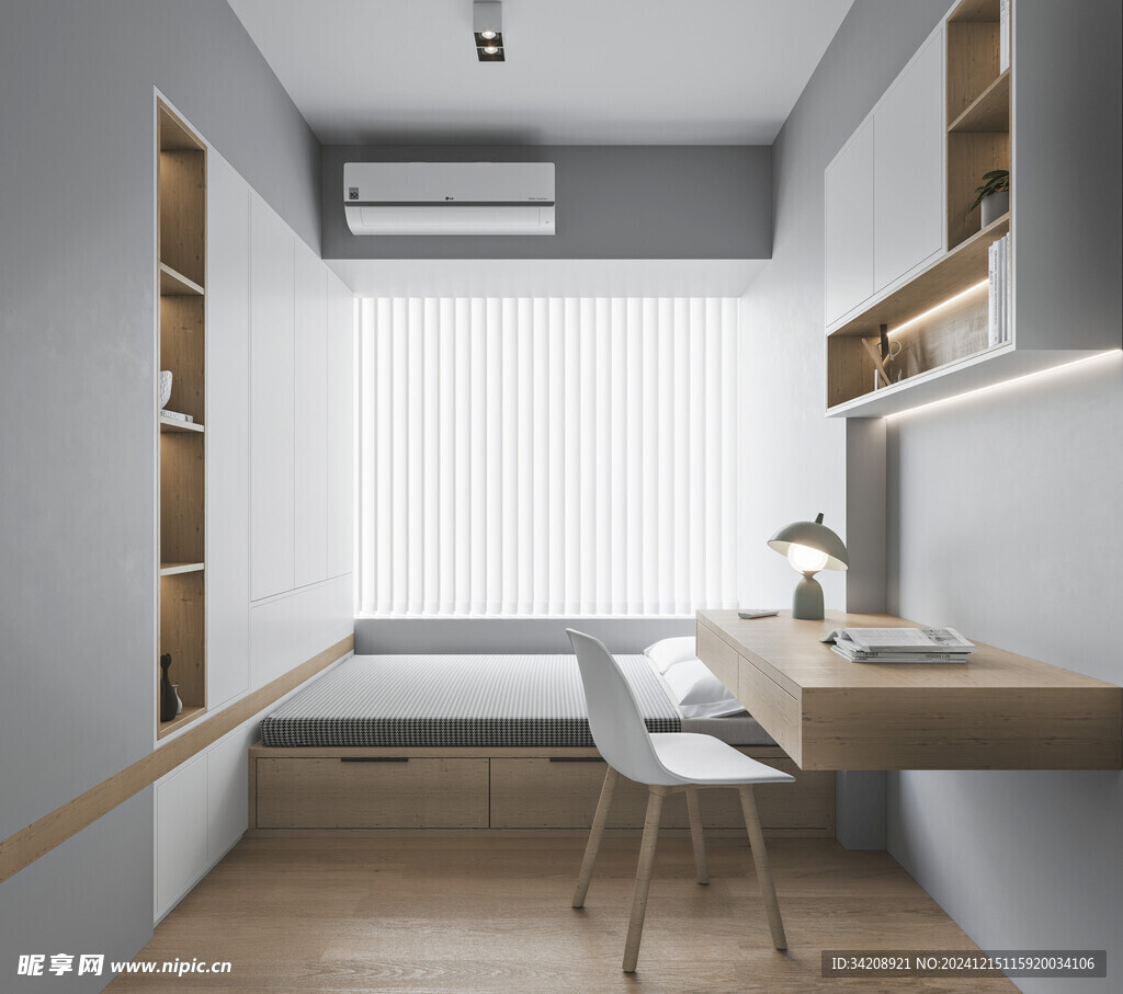 卧室小空间榻榻米书桌床现代装修