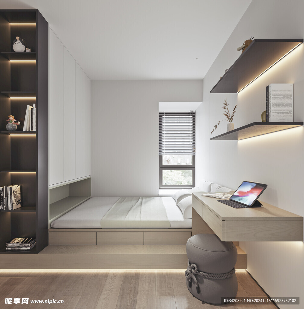 卧室小空间榻榻米书桌床现代装修