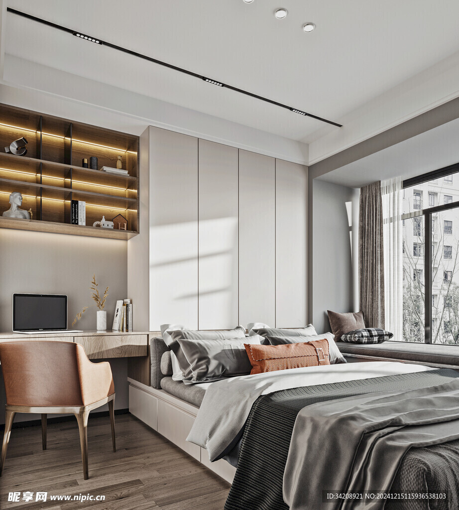 卧室小空间榻榻米书桌床现代装修