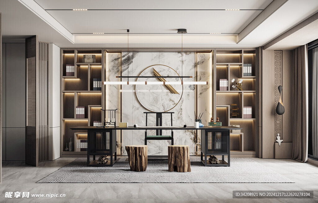 现代简约高级感新中式复古风书房