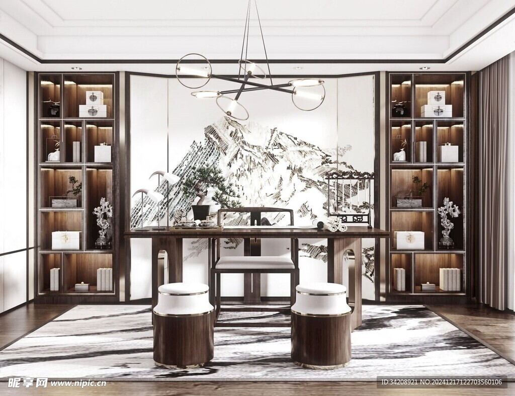 现代简约高级感新中式复古风书房