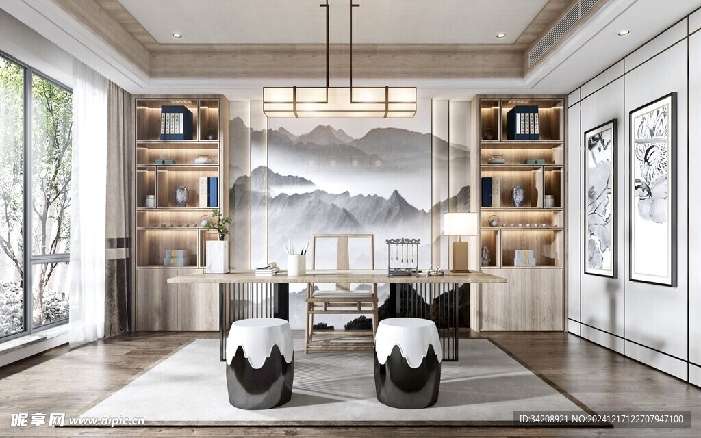 现代简约高级感新中式复古风书房