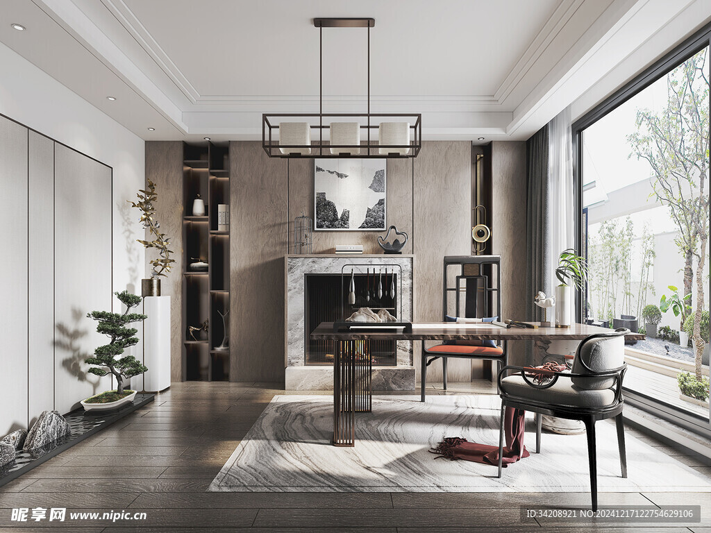 现代简约高级感新中式复古风书房