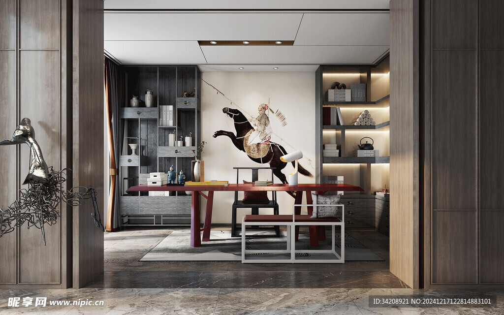 现代简约高级感新中式复古风书房