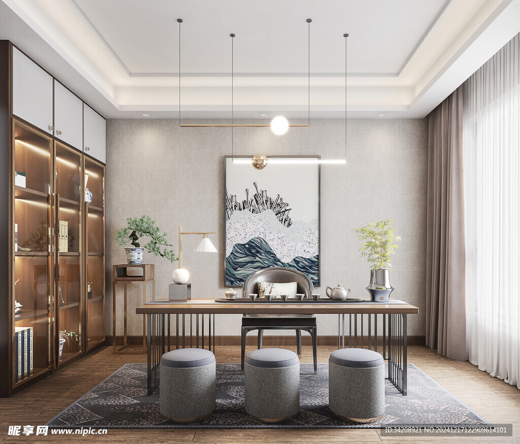 现代简约高级感新中式复古风书房